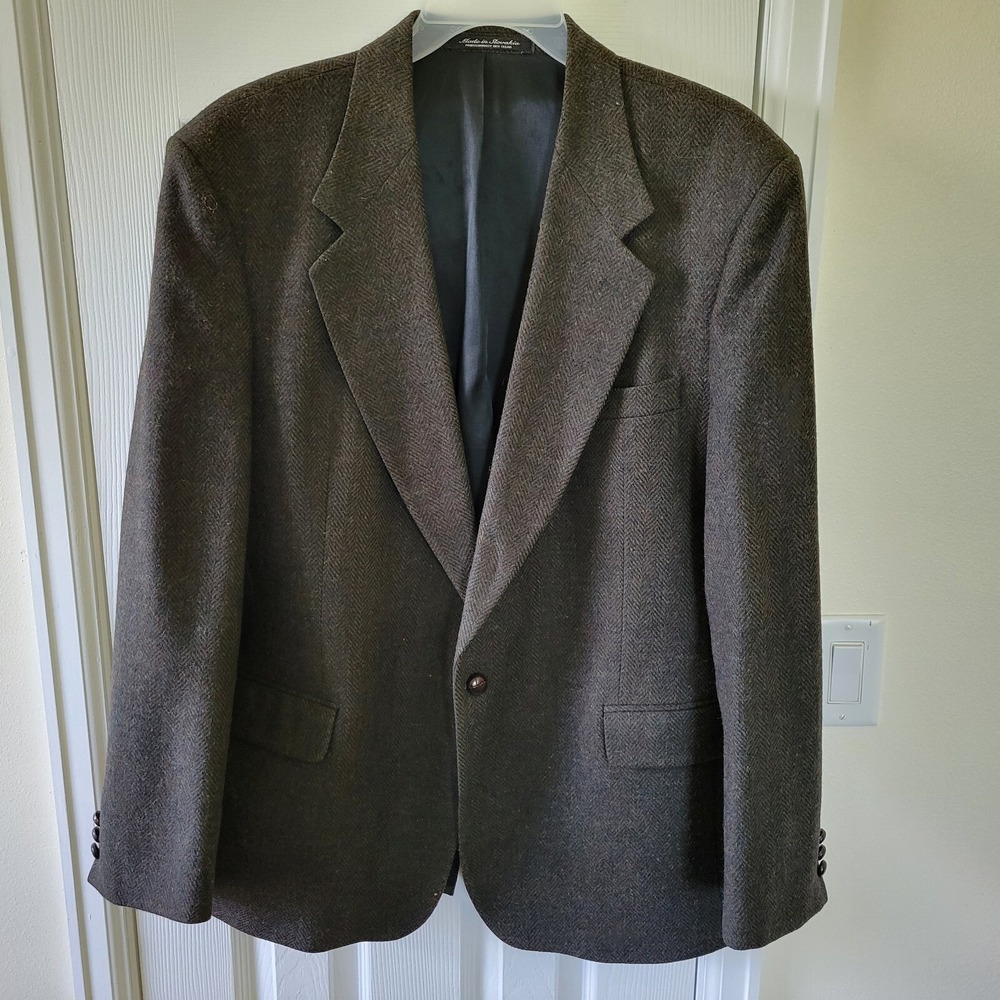 Robert Stock Classics Mens 46L Brown Herringbone 100% Wool Blazer Jacket